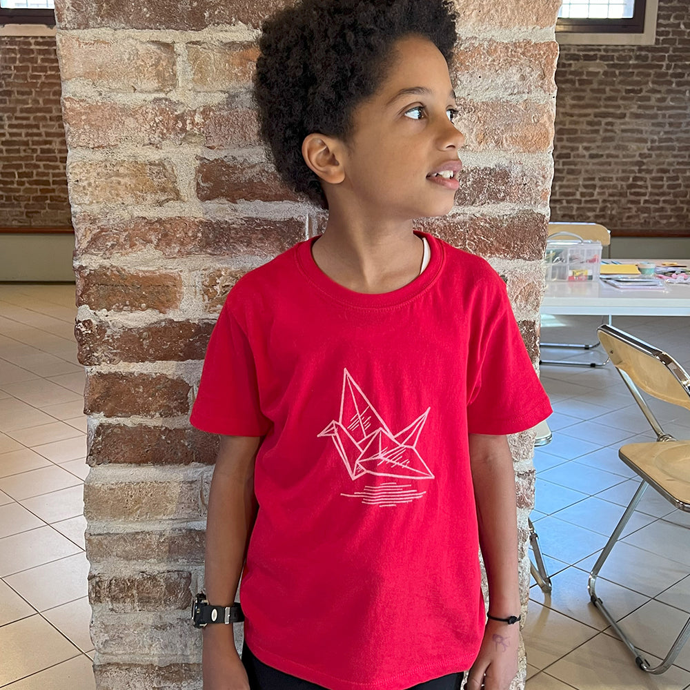 T-shirt con stampa artigianale "Gru" porta fortuna Origami - BAMBINI Unisex